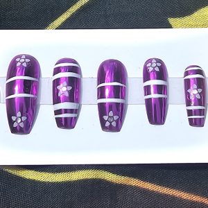 Set 16: Magenta Chrome Striped Floral Luxury Press-On Nails | Salon Quality