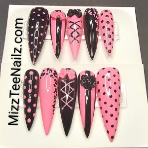 Set 69: Pink Goth Coquette Press On Nails | Black Ribbon Corset Nail Art