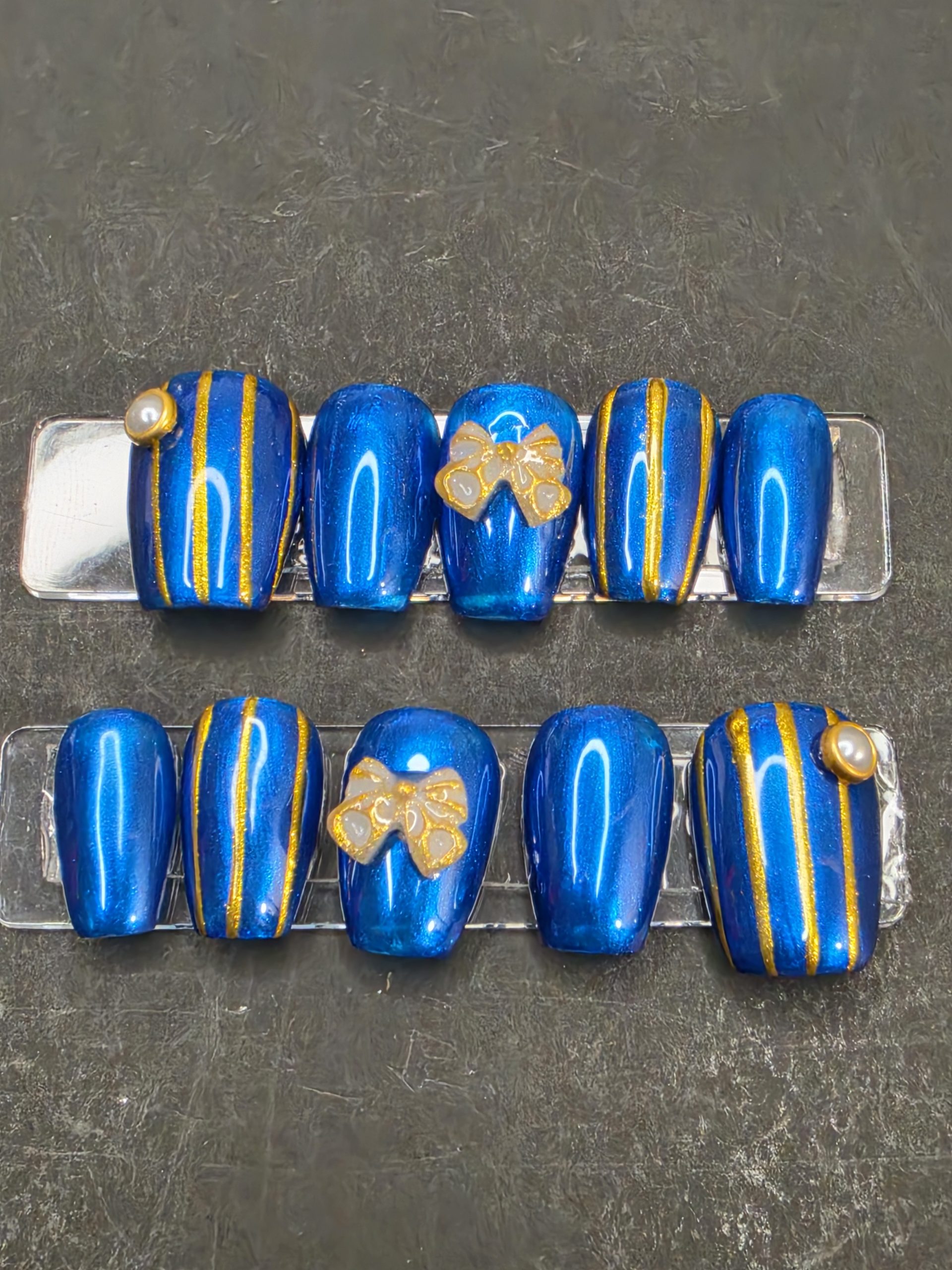 Set 66: Cobalt Blue Chrome Press On Nails | Cute White Bow 3D Nail Art