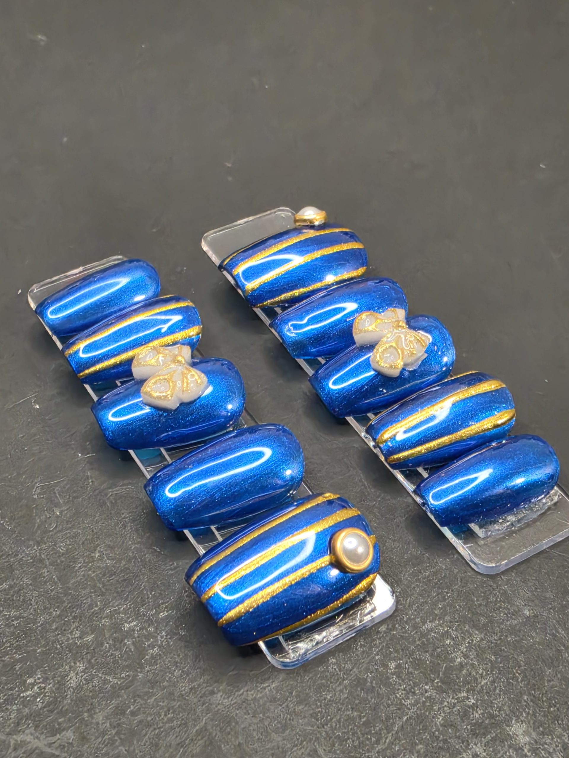 Set 66: Cobalt Blue Chrome Press On Nails | Cute White Bow 3D Nail Art - Image 12
