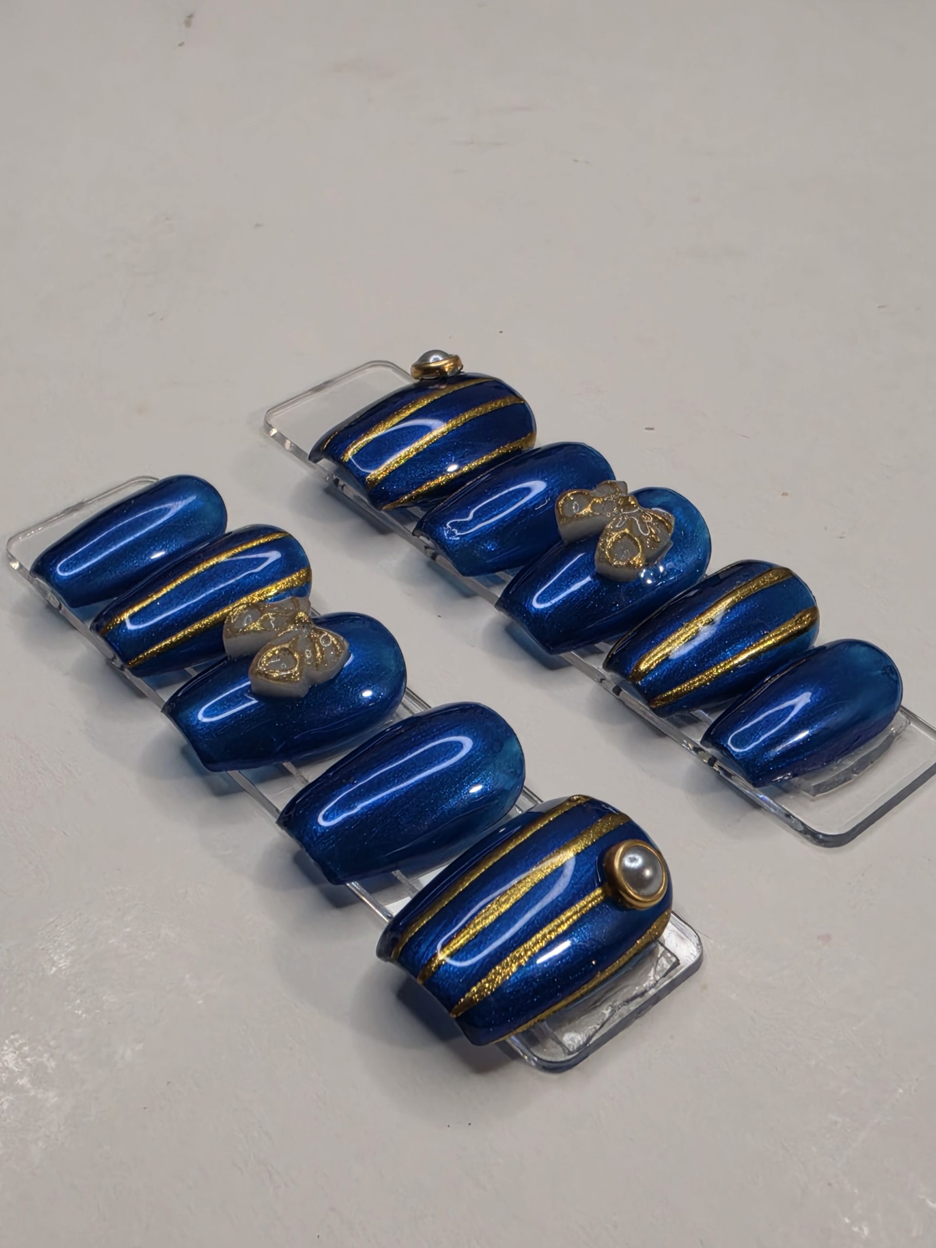 Set 66: Cobalt Blue Chrome Press On Nails | Cute White Bow 3D Nail Art - Image 16