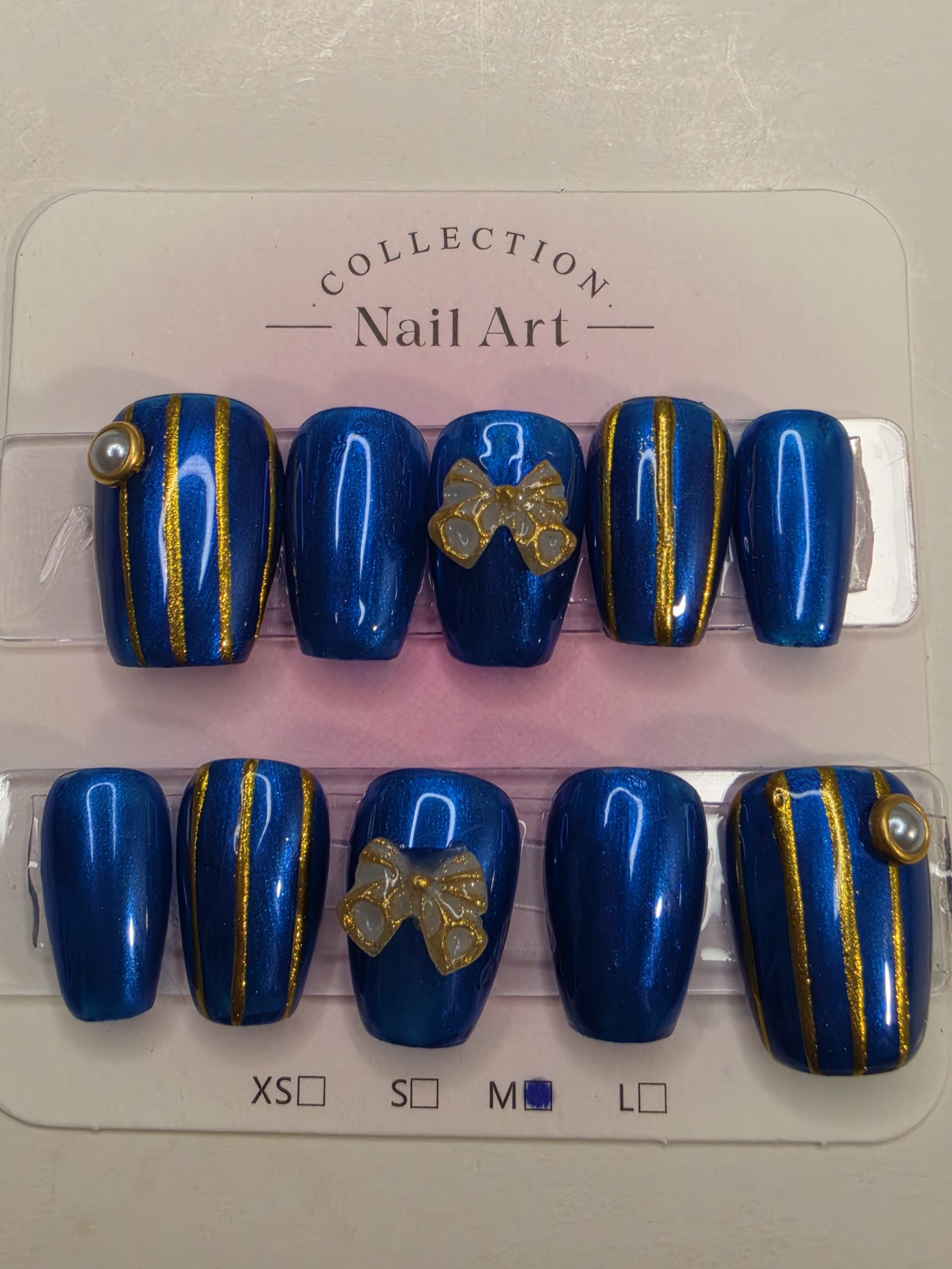 Set 66: Cobalt Blue Chrome Press On Nails | Cute White Bow 3D Nail Art - Image 8