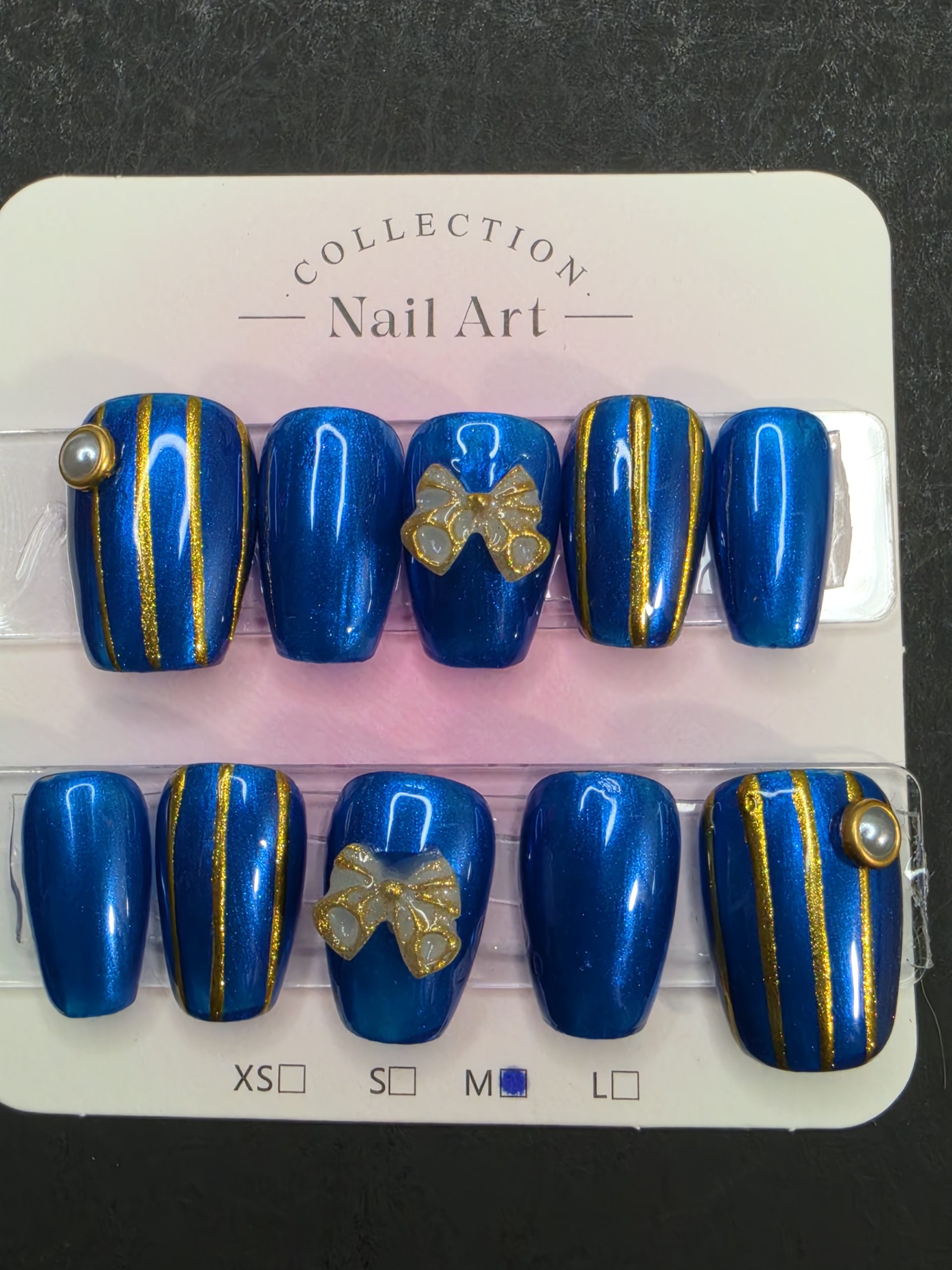Set 66: Cobalt Blue Chrome Press On Nails | Cute White Bow 3D Nail Art - Image 9
