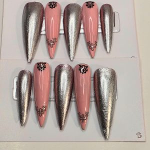 Set 50: Metallic Silver & Pink Press-On Nails | Luxury Floral Gel Nails